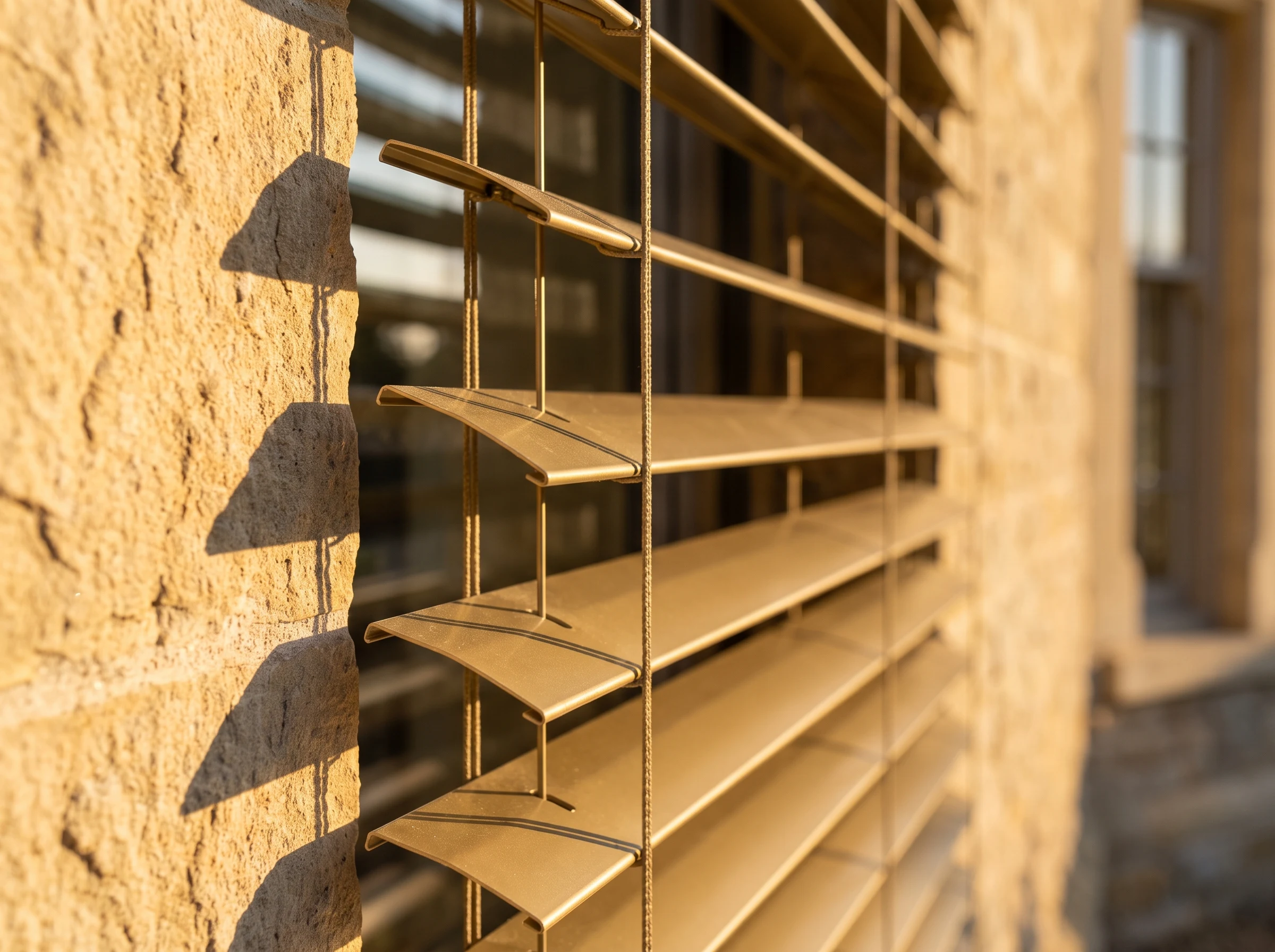 Close-up of gilt-toned aluminium external venetian blind slats against a stone estate facade wall