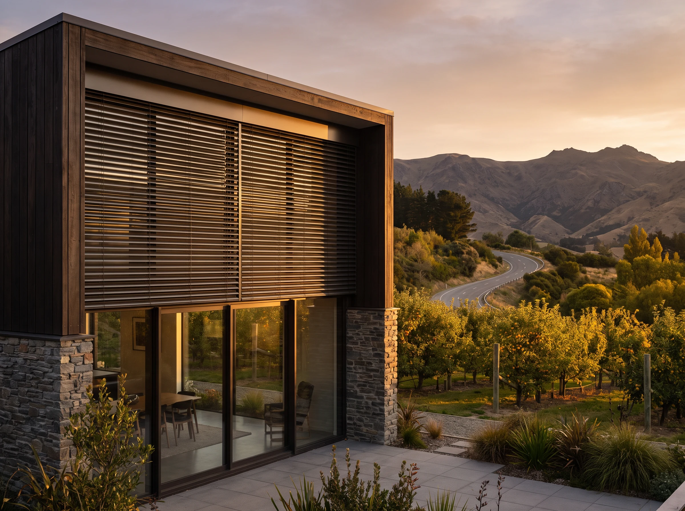 External venetian blinds shading a west-facing glass wall on a new-build Wellington estate home, orchard and mountain pass beyond