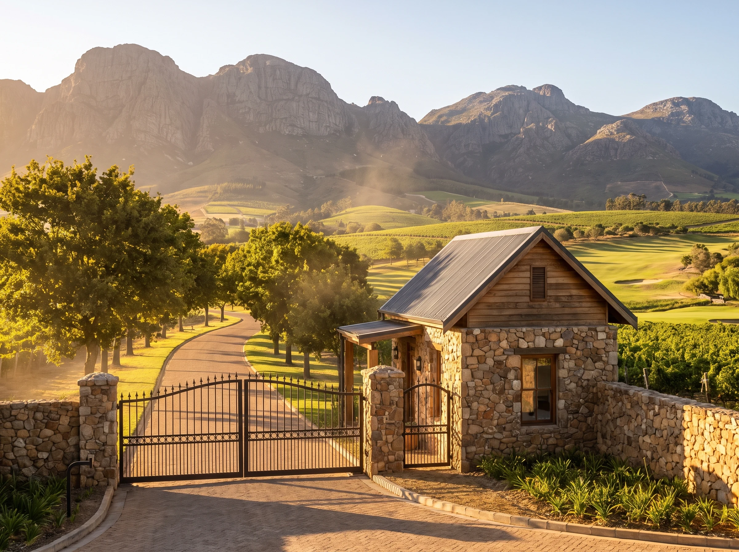 Stone gatehouse and wrought-iron gate at a wine and golf estate near Paarl, granite mountain domes in the distance