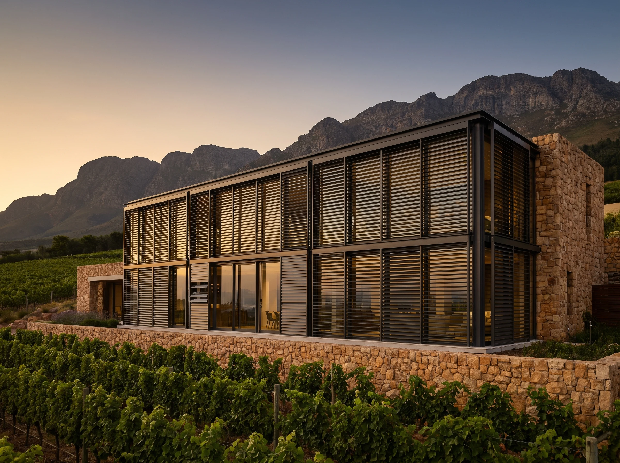 A two-storey glass facade at a Cape Winelands estate home shaded by wide aluminium external venetian blinds at varying tilt angles