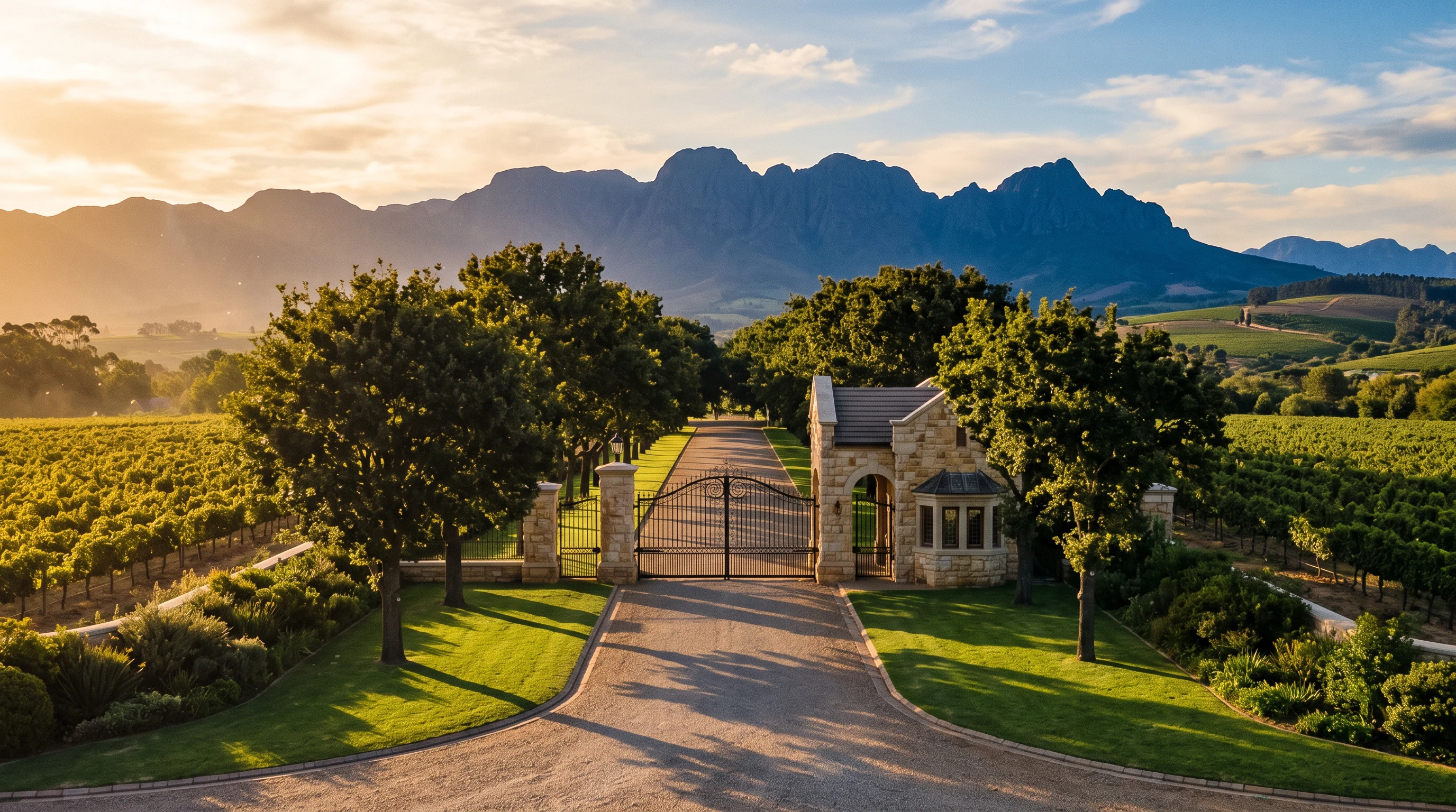 A stone gatehouse and wrought-iron entrance gate at a Cape Winelands security estate, oak-lined avenue leading toward vineyards and mountains at golden hour
