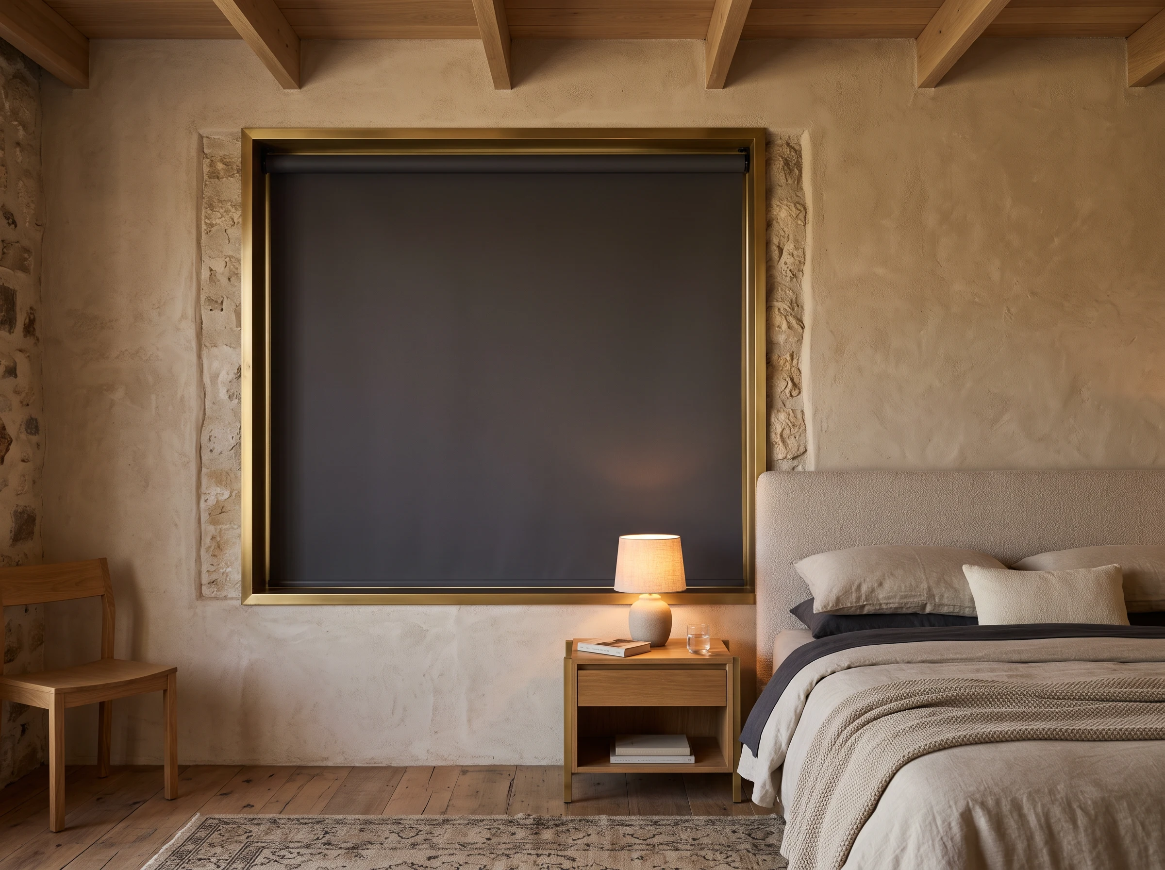 Blockout roller blind fully covering a bedroom window in a Cape Winelands estate home