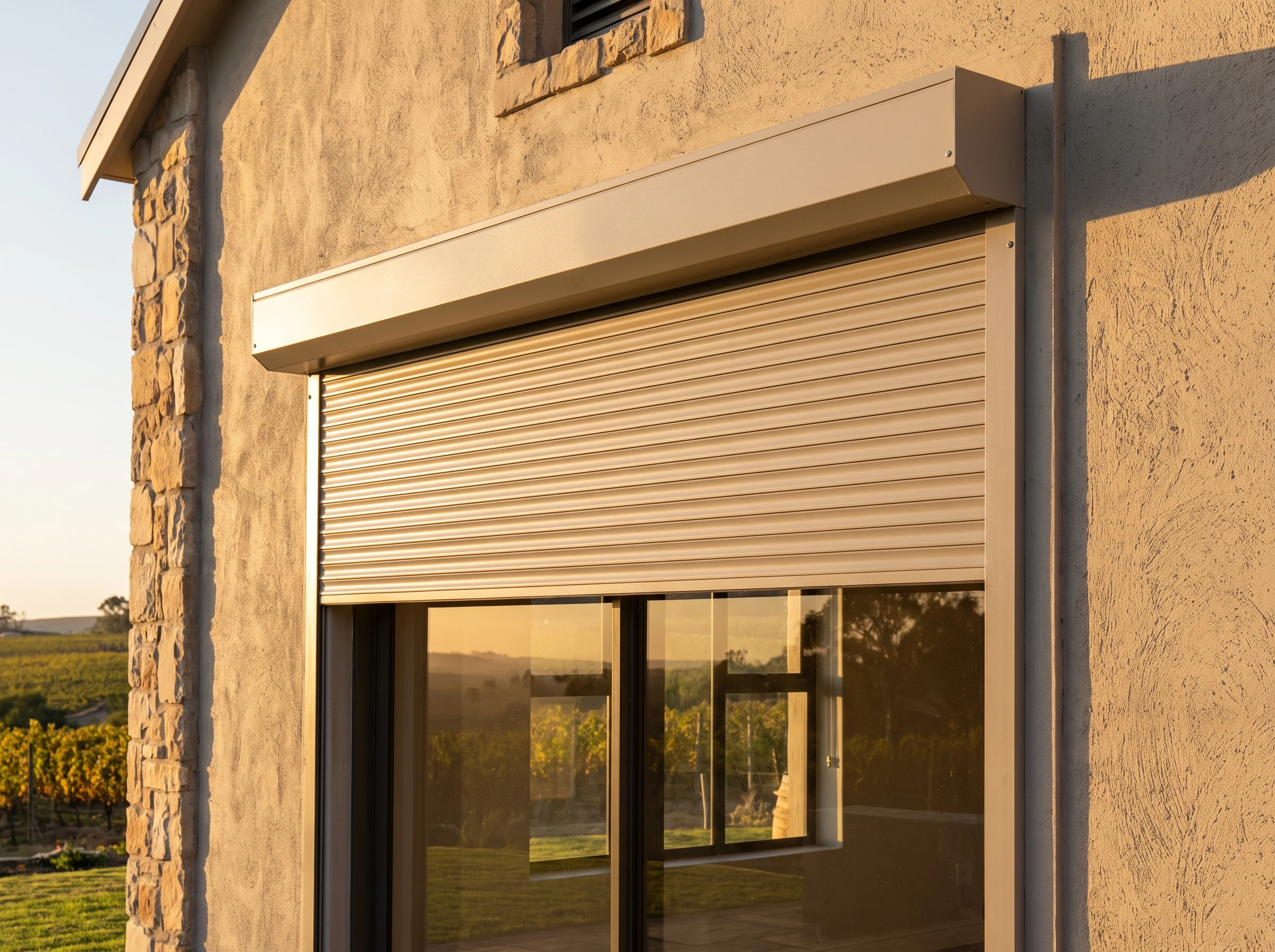 External roller shutter with rigid aluminium slats rolled halfway down a Cape Winelands estate window