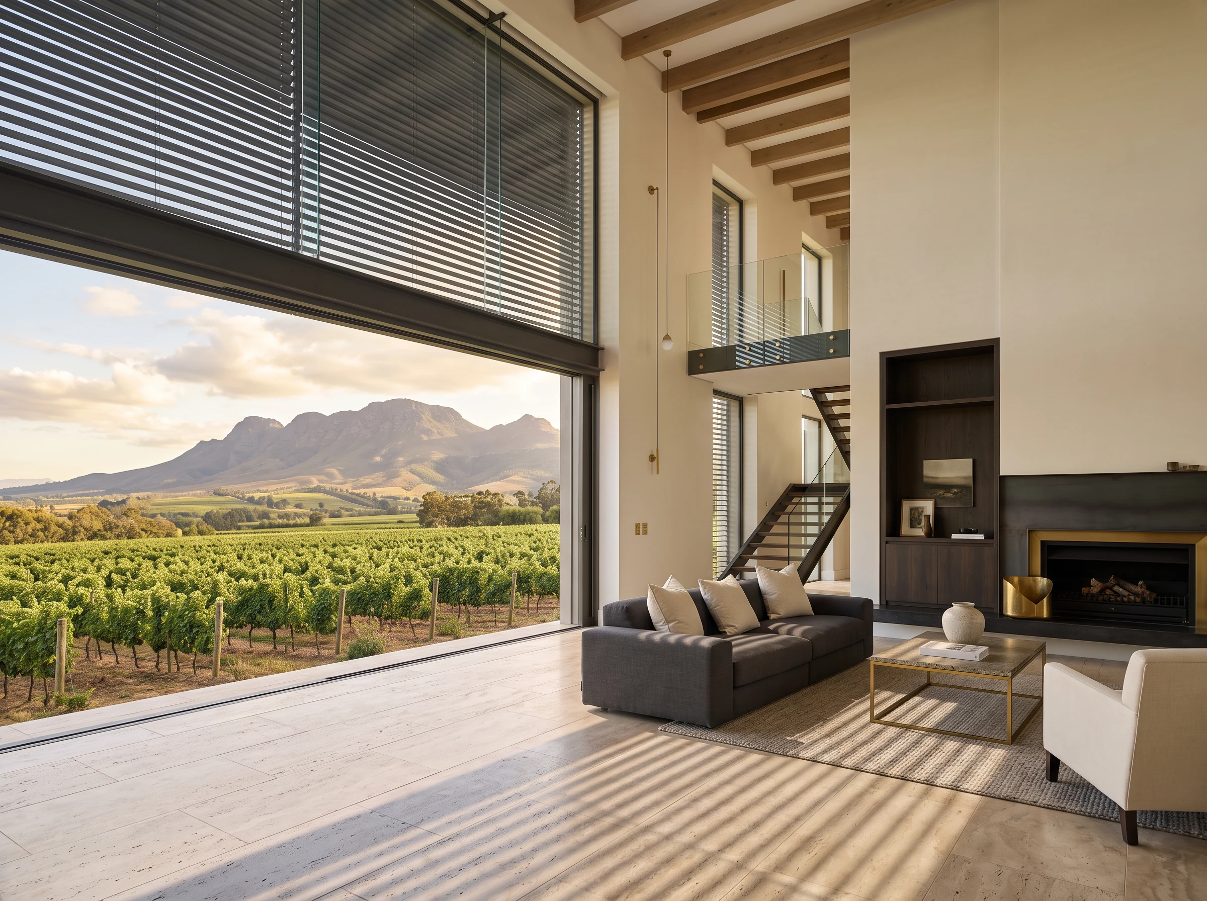 External venetian blind partially lowered outside a double-volume glass wall in a Cape Winelands estate living room, vineyard and mountains beyond