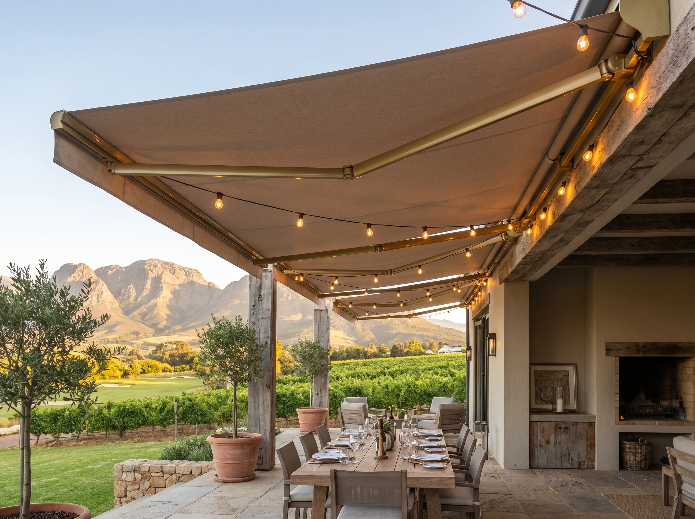 Folding-arm awning extended over an entertaining terrace at a Cape Winelands estate home, string lights, vineyard view