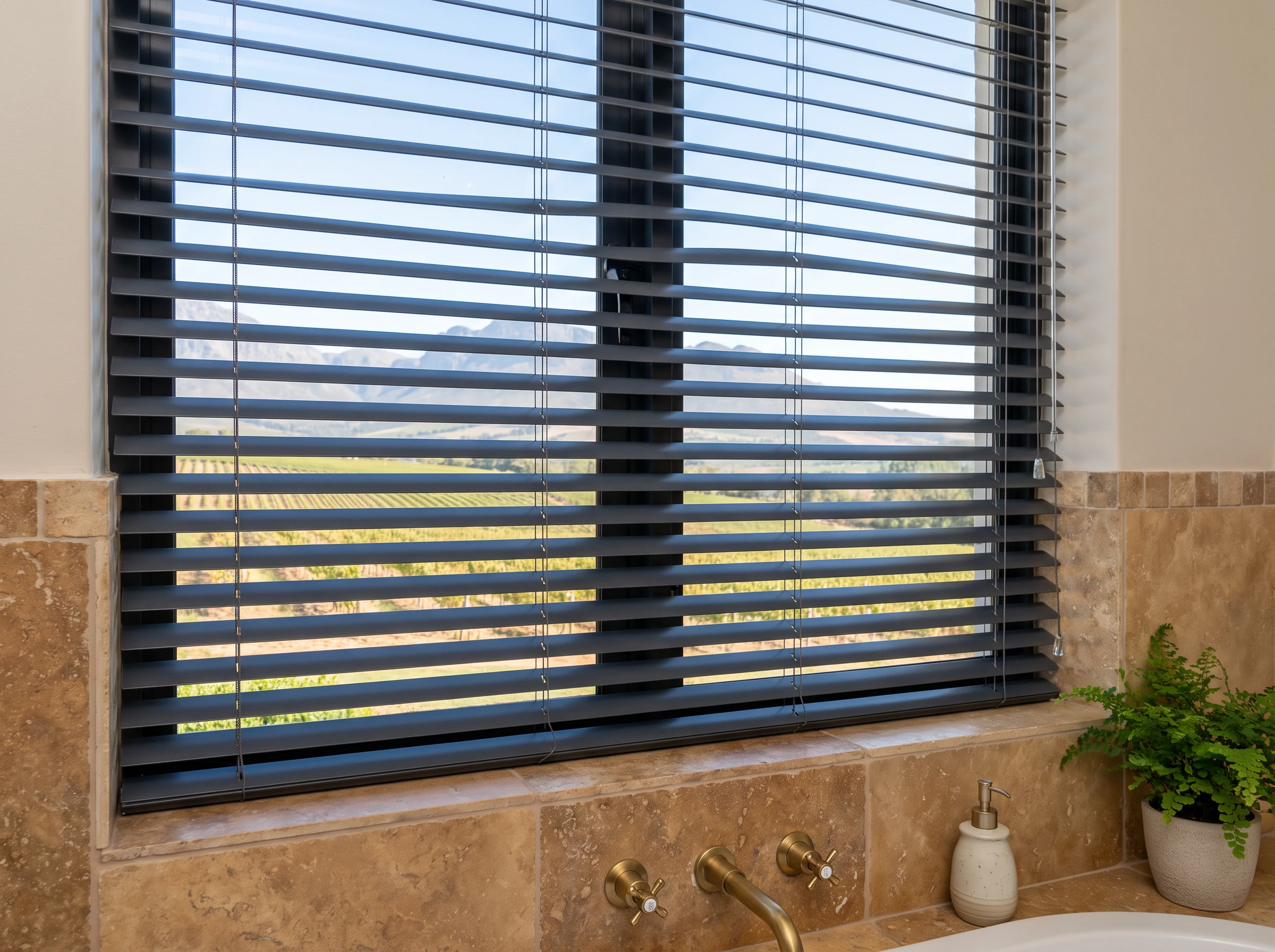 Aluminium venetian blind with tilted slats over a bathroom window in a Cape Winelands estate home, vineyard view beyond