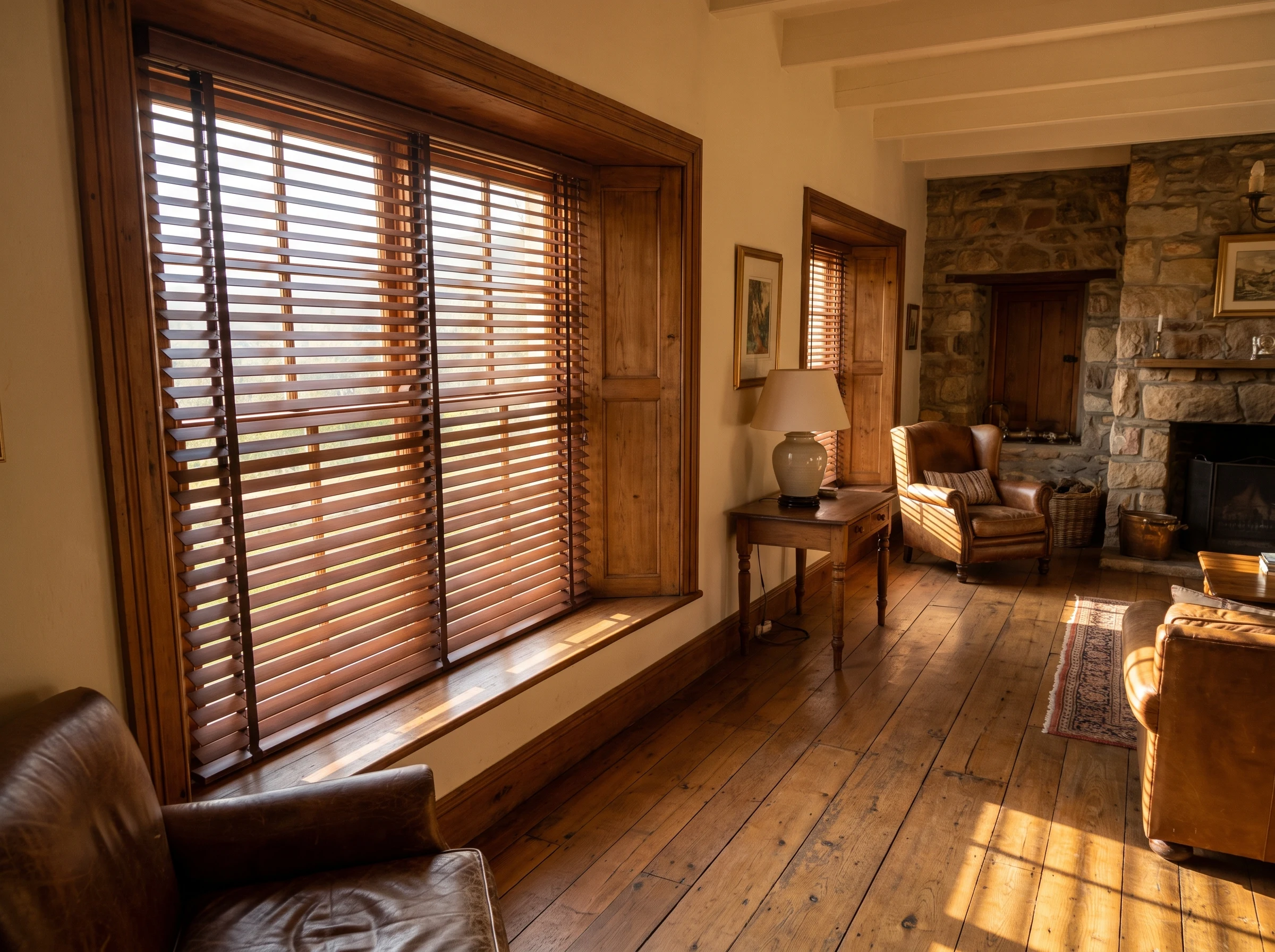 Timber venetian blind with warm slats in a deep-set sash window of a heritage-style Cape Winelands estate homestead