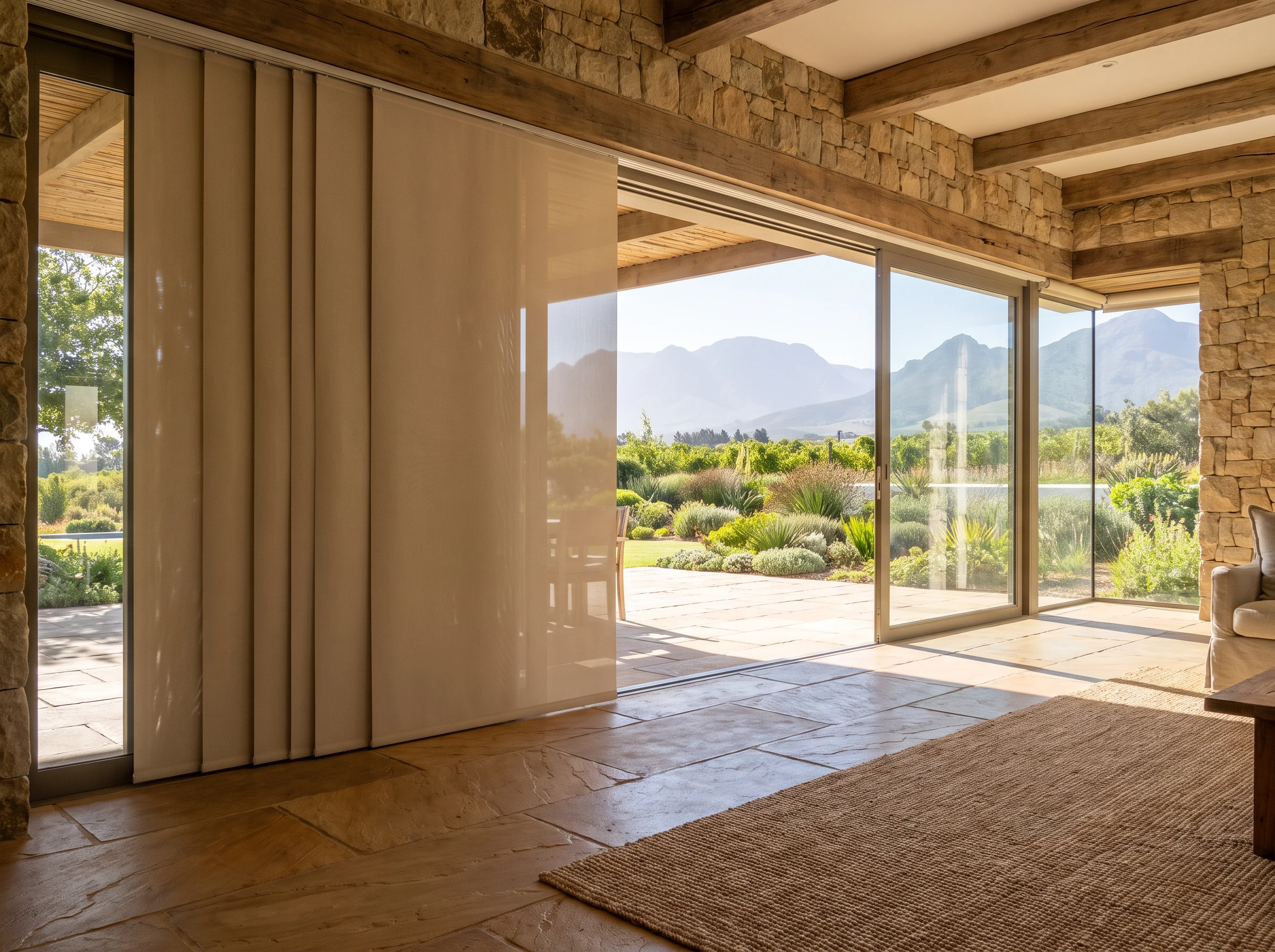 Wide panel-glide blinds beside a full-width sliding glass door in a Cape Winelands estate home